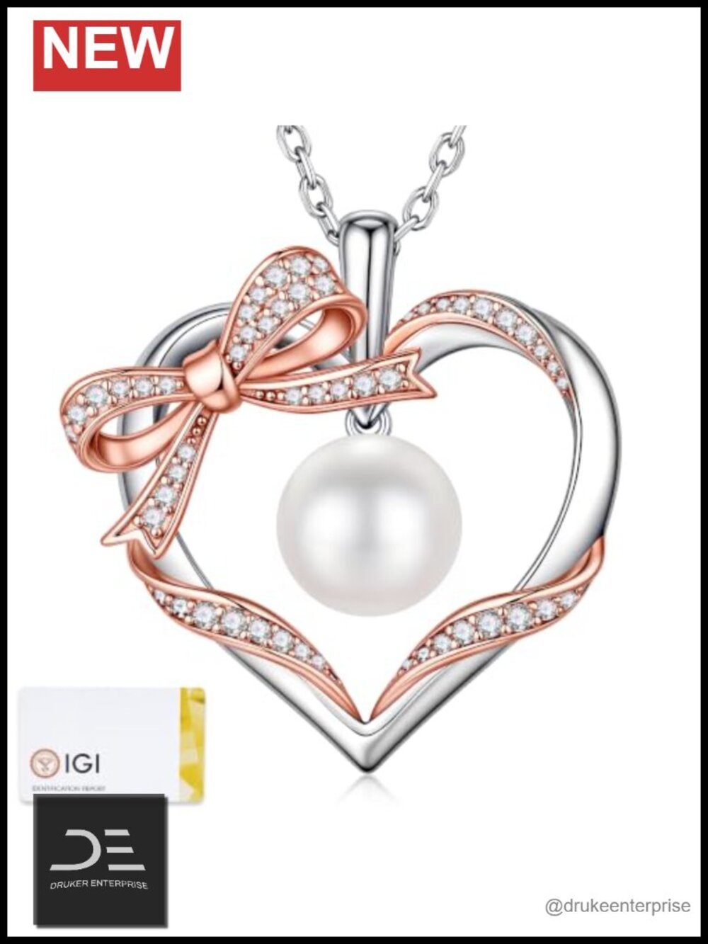 Sterling Silver Freshwater Pearl Pendant Necklace with Rose Gold Bow 19-21 inch
